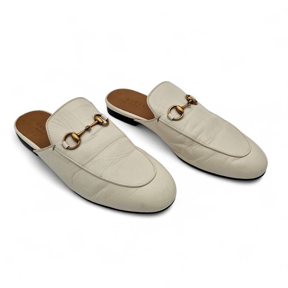Gucci Princetown Horsebit Flat Mule White Leather Slipper Size 37.5 US 7.5